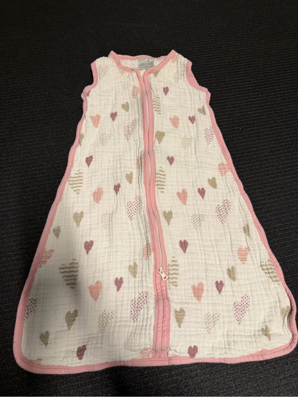 aden + anais White Muslin Sleep Sack with Pink Trim and Heart Print